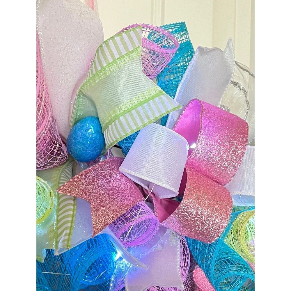 Handmade Easter Girl Bunny Gnome Prelit Ribbon Wreath 22 in LED W8